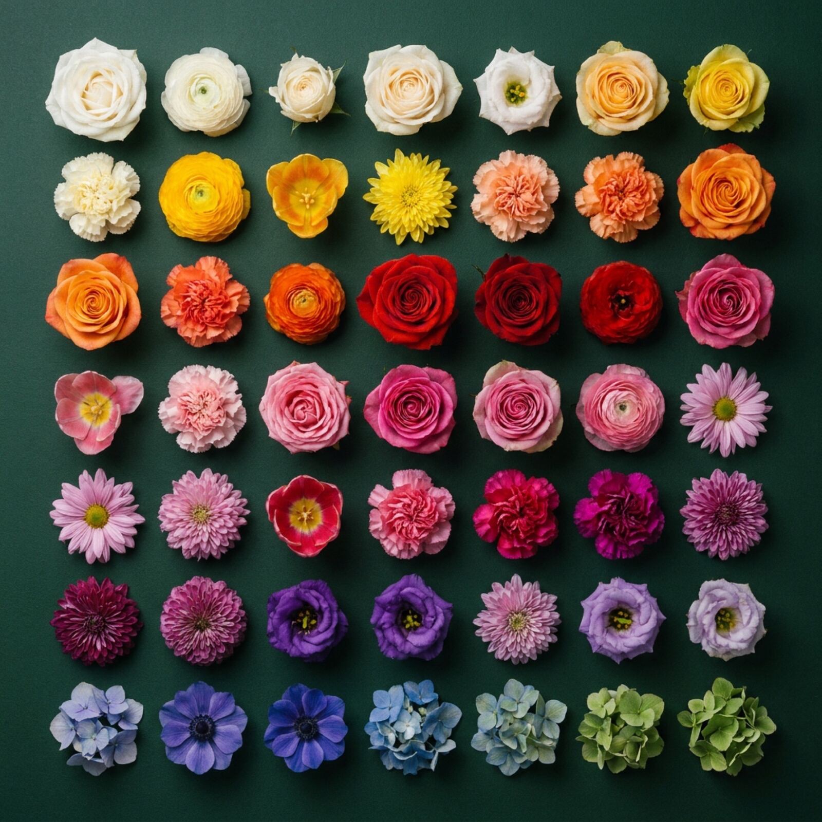 Einzelne Blütenköpfe auf dunkelgrünem Grund, nach Farbe sortiert von Weiß über Gelb, Rot, Rosa und Lila bis Grün