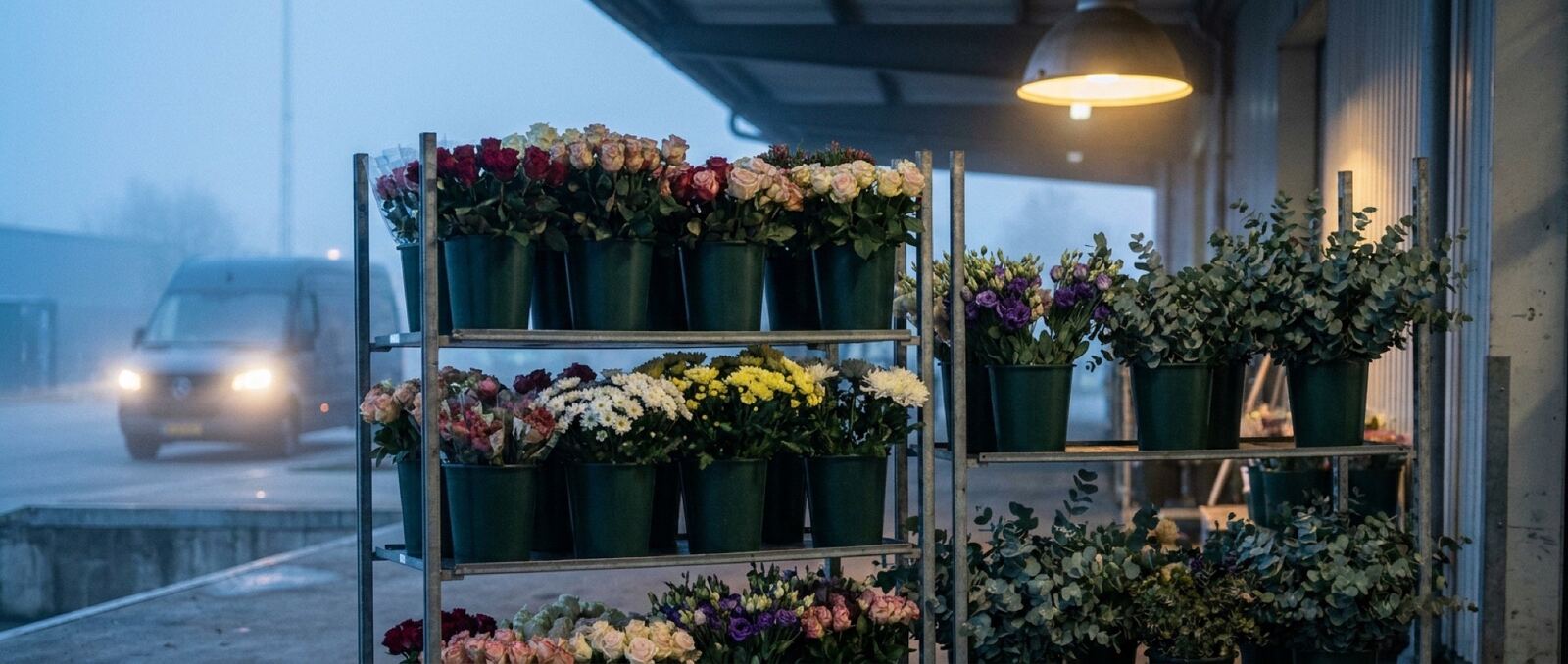 Beladener Blumenwagen an der Laderampe in der Morgendämmerung
